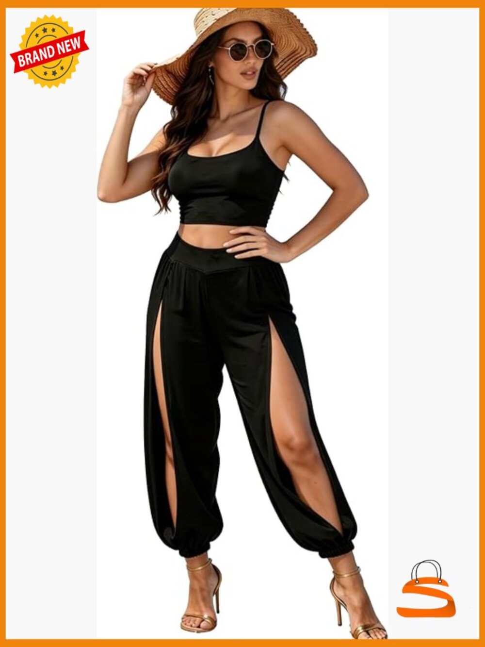 Strap Crop Top High Waist Side Slit Harem Pants 2 Piece Set Yoga Vacation